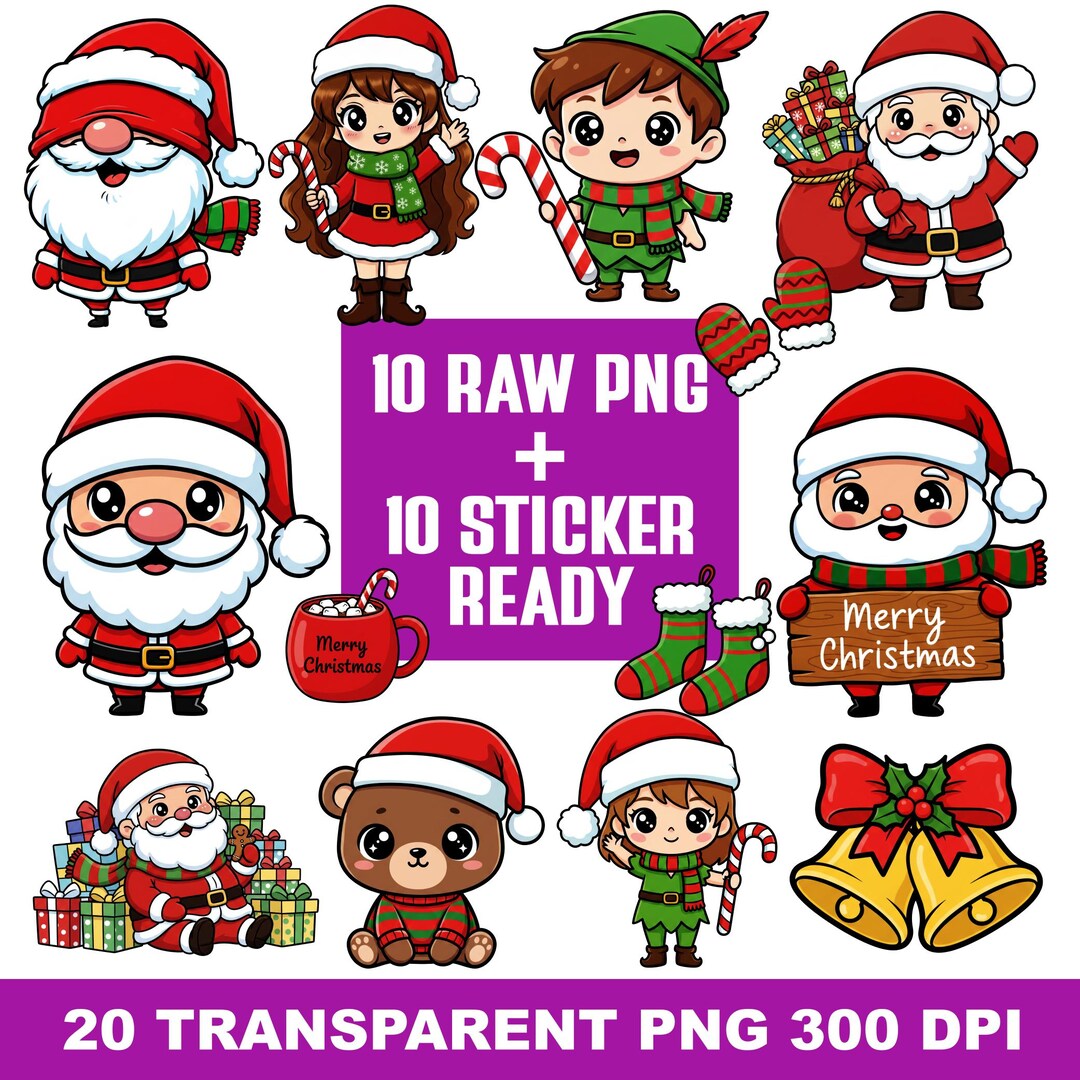 Kawaii Christmas Bundle SVG PNG Clip Art – Santa Snowman Gingerbread ...