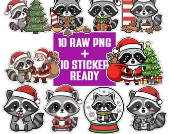 May include: A collection of Christmas-themed raccoon illustrations. The raccoons are depicted in various festive scenarios, including wearing Santa hats, holding gifts, and decorating a Christmas tree. Text on the image reads "10 RAW PNG + 10 STICKER READY" and "20 TRANSPARENT PNG 300 DPI".