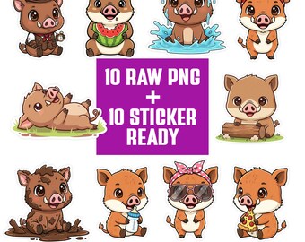 Kawaii Boar PNG Bundle | Hog Clipart Set | Cartoon Characters | Transparent PNG 300 DPI | Sticker Ready for Crafts