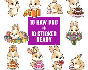 Kawaii Bunny Birthday PNG Bundle | Rabbit Clipart Set | Cartoon Characters | Transparent PNG 300 DPI | Sticker Ready for Crafts