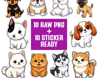 Cute dog breeds PNG bundle | kawaii puppy clipart set | 20 transparent png 300 DPI | Raw PNG + Sticker Ready for Crafts and Printing