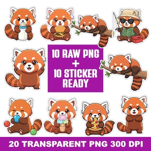 May include: A collection of ten red panda PNG images and ten sticker-ready images. The red pandas are depicted in various poses, including eating a burger, holding a bottle, and fishing. The images are transparent and 300 DPI.