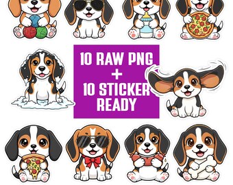 Kawaii Beagle PNG Bundle | Puppy Clipart Set | Cartoon Characters | Transparent PNG 300 DPI | Sticker Ready for Crafts