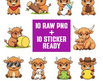 Kawaii Highland Cow PNG Bundle | Heilan coo Clipart Set | Cow Cartoon Characters | Transparent PNG 300 DPI | Sticker Ready for Crafts