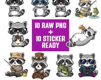 Kawaii Raccoon PNG Bundle | Trash Panda Clipart Set | Cartoon Characters | Transparent PNG 300 DPI | Sticker Ready for Crafts