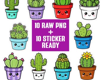 Kawaii Cactus PNG Bundle | Plant Clipart Set | Cartoon Characters | Transparent PNG 300 DPI | Sticker Ready for Crafts