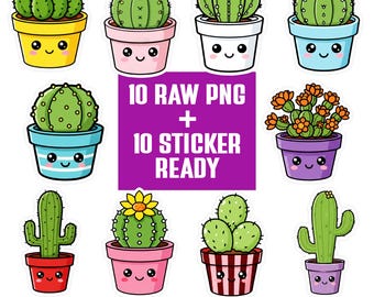 Kawaii Cactus PNG Bundle | Plant Clipart Set | Cartoon Characters | Transparent PNG 300 DPI | Sticker Ready for Crafts
