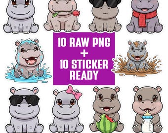 Kawaii Hippo Cow PNG Bundle | Hippopotamus Clipart Set | Cartoon Characters | Transparent PNG 300 DPI | Sticker Ready for Crafts