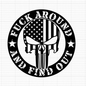 May include: Black and white graphic design with a skull in the center. The skull is surrounded by a circle with the text "F**K AROUND AND FIND OUT" in a distressed font.