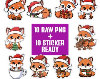 Puede incluir: Una colección de pegatinas de zorros de dibujos animados en varias poses, todos con gorros de Papá Noel. Algunos zorros sostienen regalos, un árbol de Navidad o un hombre de jengibre. La imagen incluye el texto: "10 RAW PNG + 10 STICKER READY" y "20 TRANSPARENT PNG 300 DPI".