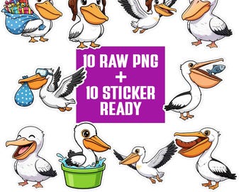 Kawaii Pelican PNG Bundle | Baby Pelican Clipart Set | Cartoon Characters | Transparent PNG 300 DPI | Sticker Ready for Crafts