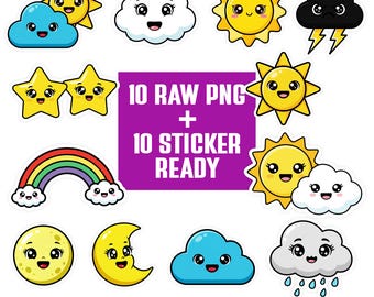 Kawaii Weather PNG Bundle | Sky Mood Clipart Set | Cartoon Characters | Transparent PNG 300 DPI | Sticker Ready for Crafts