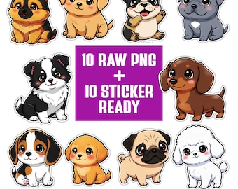 Cute dog breeds PNG bundle | kawaii puppy clipart set | 20 transparent png 300 DPI | Raw PNG + Sticker Ready for Crafts and Printing