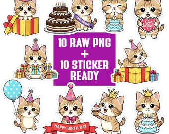 Kawaii Kitten Birthday PNG Bundle | Kitty Clipart Set | Cartoon Cat Characters | Transparent PNG 300 DPI | Sticker Ready for Crafts