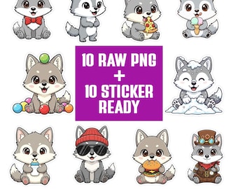 Kawaii Wolf PNG Bundle | Coyote Clipart Set | Cartoon Characters | Transparent PNG 300 DPI | Sticker Ready for Crafts