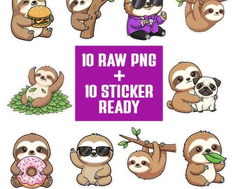 Kawaii Sloth PNG Bundle | Slow Loris Clipart Set | Cartoon Characters | Transparent PNG 300 DPI | Sticker Ready for Crafts