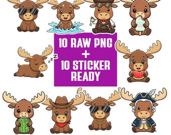 Kawaii Moose PNG Bundle | Elk Clipart Set | Cartoon Characters | Transparent PNG 300 DPI | Sticker Ready for Crafts