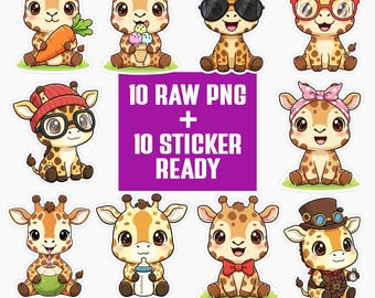 Kawaii Giraffe PNG Bundle | Animals Clipart Set | Cartoon Characters | Transparent PNG 300 DPI | Sticker Ready for Crafts