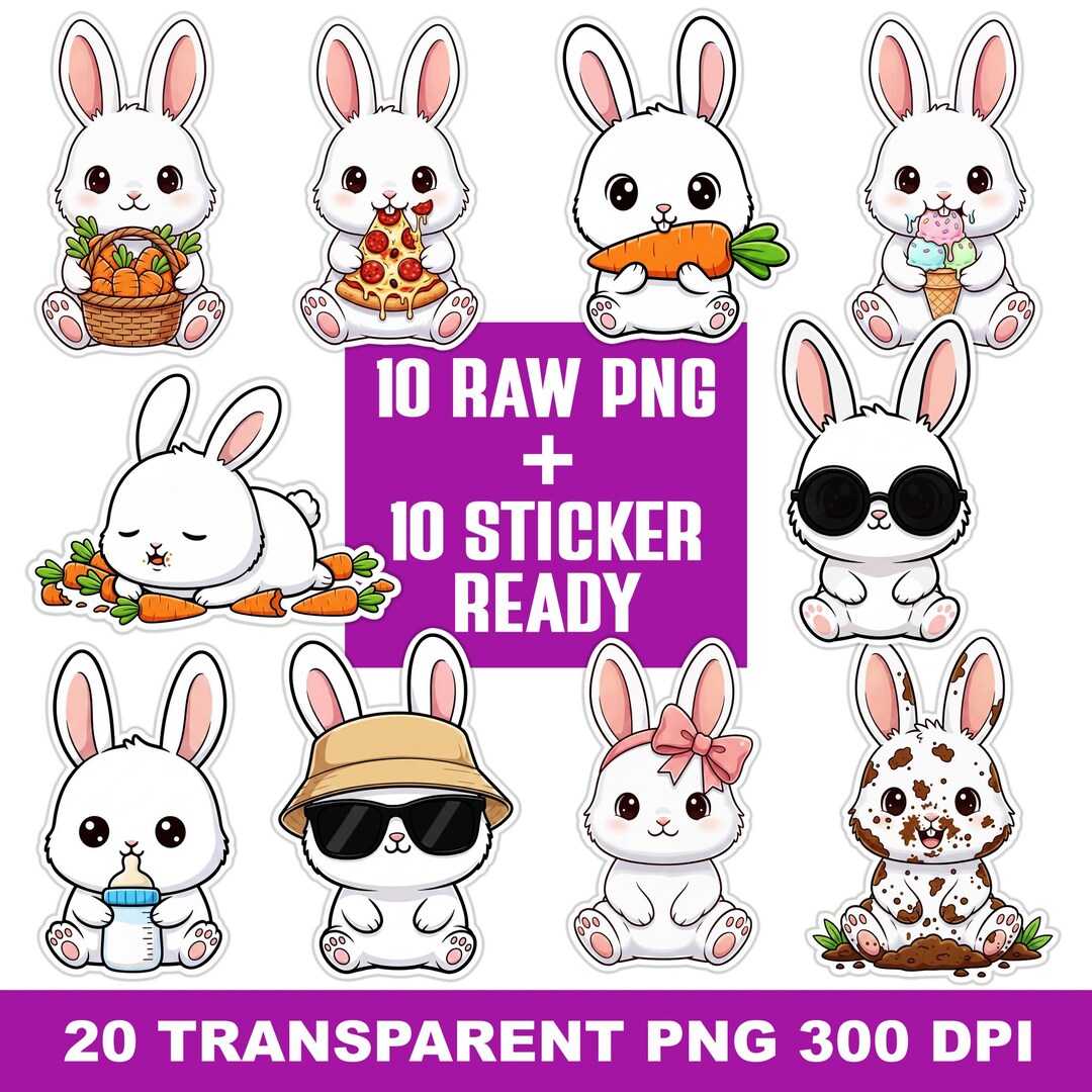 Kawaii Bunny PNG Bundle | Rabbit Clipart Set | Cartoon Kitten ...