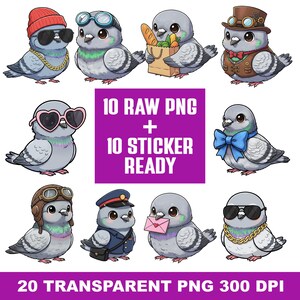 May include: A collection of cartoon pigeons, each with unique accessories. One pigeon wears a red beanie and sunglasses, another has goggles, and others sport a bow tie, aviator cap, and a postman's uniform. The image includes the text "10 RAW PNG + 10 STICKER READY".