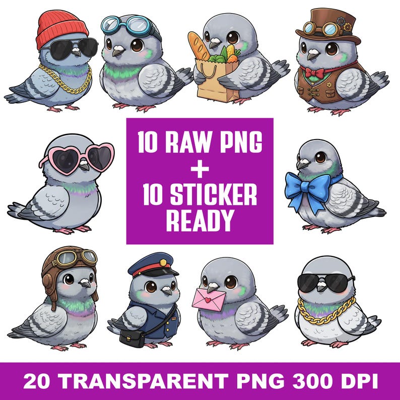 May include: A collection of cartoon pigeons, each with unique accessories. One pigeon wears a red beanie and sunglasses, another has goggles, and others sport a bow tie, aviator cap, and a postman's uniform. The image includes the text "10 RAW PNG + 10 STICKER READY".