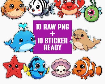 Sea Life Animals Kawaii PNG Bundle | Ocean Creatures Clipart | PNG