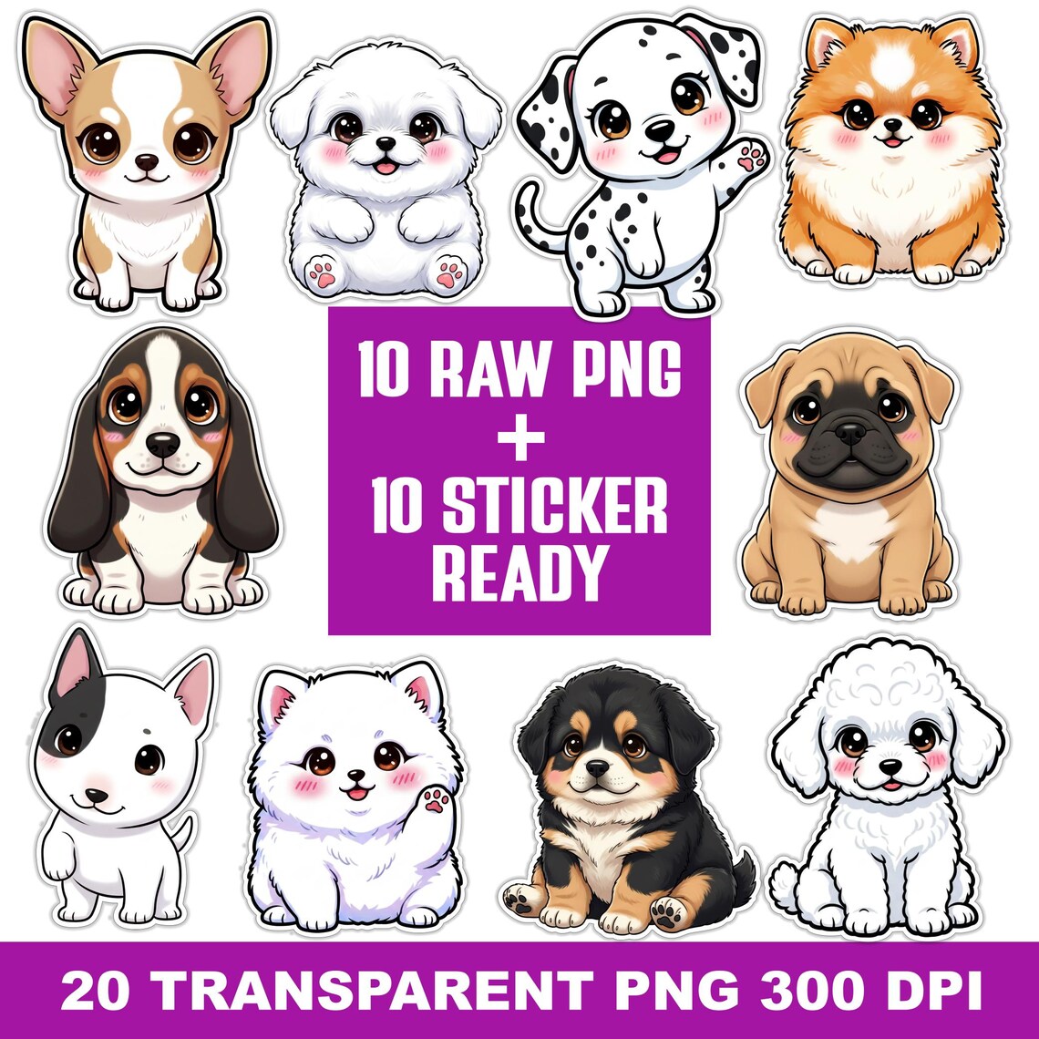 Cute Dog Breeds PNG Bundle | Kawaii Puppy Clipart Set | 20 Transparent ...