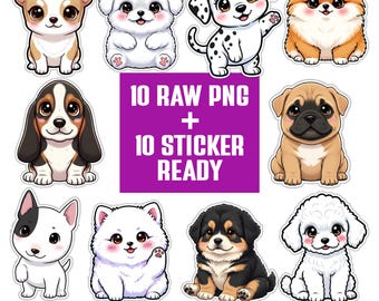 Cute dog breeds PNG bundle | kawaii puppy clipart set | 20 transparent png 300 DPI | Raw PNG + Sticker Ready for Crafts and Printing