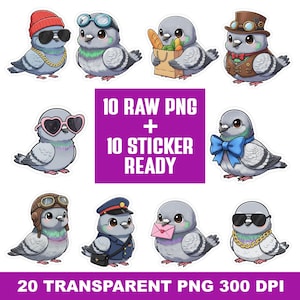 May include: A collection of cartoon pigeon graphics, each with unique accessories like sunglasses, hats, and bow ties. The image includes text that reads "10 RAW PNG + 10 STICKER READY" and "20 TRANSPARENT PNG 300 DPI".