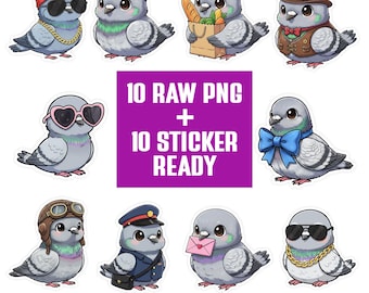 Kawaii Pigeon PNG Bundle | Baby Dove Clipart Set | Cartoon Characters | Transparent PNG 300 DPI | Sticker Ready for Crafts