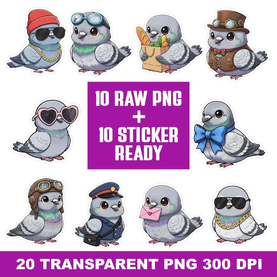 Kawaii Pigeon PNG Bundle | Baby Dove Clipart Set | Cartoon Characters | Transparent PNG 300 DPI | Sticker Ready for Crafts
