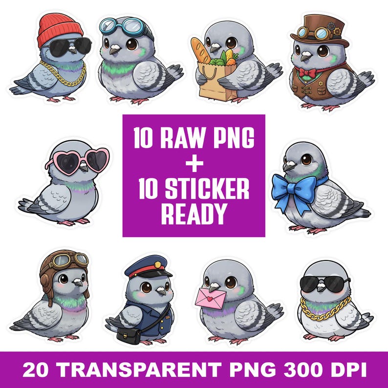 May include: A collection of cartoon pigeon graphics, each with unique accessories like sunglasses, hats, and bow ties. The image includes text that reads "10 RAW PNG + 10 STICKER READY" and "20 TRANSPARENT PNG 300 DPI".