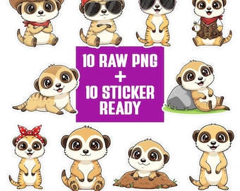 Kawaii Meerkat PNG Bundle | Suricate Clipart Set | Cartoon Characters | Transparent PNG 300 DPI | Sticker Ready for Crafts