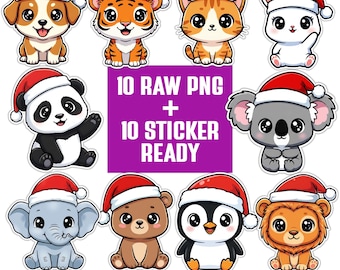 Kawaii Christmas Animals Clipart: Santa Hat PNG Stickers (Digital Download)