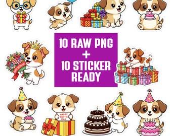 Kawaii Puppy Birthday PNG Bundle | Dog Clipart Set | Cartoon Characters | Transparent PNG 300 DPI | Sticker Ready for Crafts