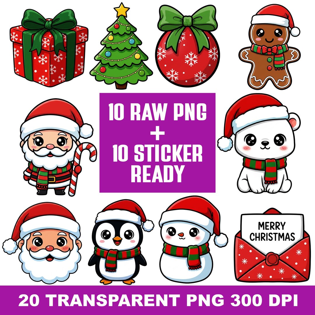 Kawaii Christmas Bundle SVG PNG Clip Art – Santa Snowman Gingerbread ...