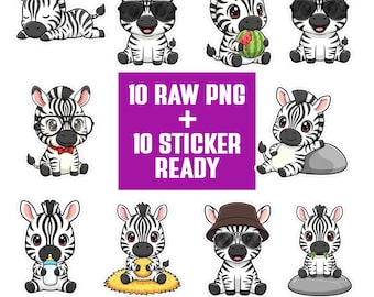 Kawaii Zebra PNG Bundle | Dazzle Clipart Set | Cartoon Characters | Transparent PNG 300 DPI | Sticker Ready for Crafts