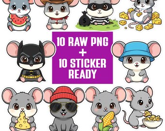 Kawaii Mouse PNG Bundle | Mice Clipart Set | Cartoon Characters | Transparent PNG 300 DPI | Sticker Ready for Crafts