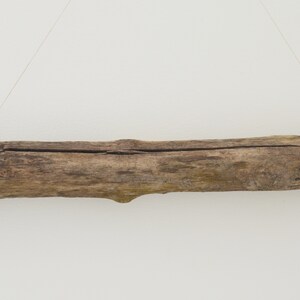 May include: A weathered piece of driftwood is suspended from the ceiling with twine. The wood is a light brown color and has a natural, rustic look.