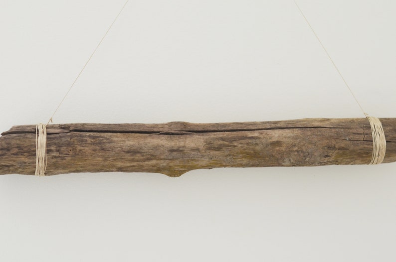 May include: A weathered piece of driftwood is suspended from the ceiling with twine. The wood is a light brown color and has a natural, rustic look.