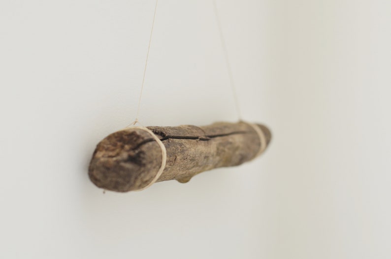 May include: A piece of driftwood is hanging from the ceiling with twine. The driftwood is brown and has a natural, rough texture.