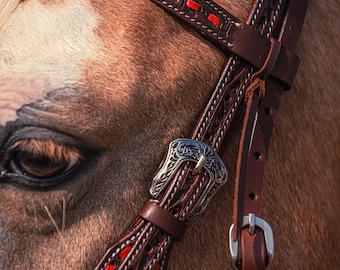 Red Buckstitch Browband Headstall - Western Headstall - Western Bridle- Leather Horse Tack - Ranch Hand Premium Leather Headstall