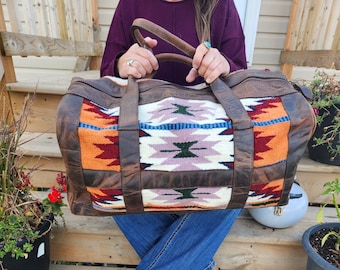 Tribal Sunset Leather Bag, Aztec Inspired Duffel Bag, Leather Saddle Blanket Bag, Duffel Bag, Luggage Bag,Carpet Bag, Travel Genuine Leather