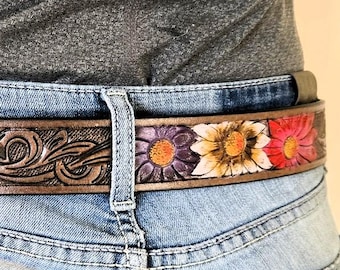 Leather Belt - Prairie Bloom Western Belt -Western Belts, Handmade Leather Belts. Kids Sizes and Adult Size Belts. Western Belts Women and