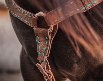 Turquoise Buckstitch Leather Breast Collar: Ranch Hand Western Tack - Roughout Leather Breast Collar