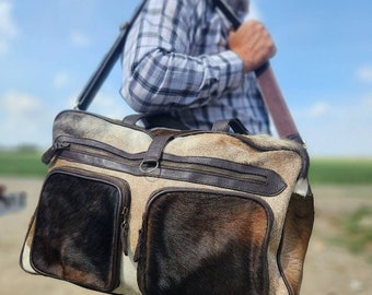 Leather Duffel Bag, Cowhide Hair on Bag, Lot's of Pockets Bag, Briefcase, Genuine Leather, Travel Laptop Bag, Animal Print Bag, Weekend Bag