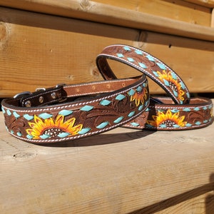 Leather Dog Collar, Turquoise Buckstitch Sunflower, Hand Painted Collar, Genuine Leather, Pet Collar, Handmade collar, Training Dog Collar image 4