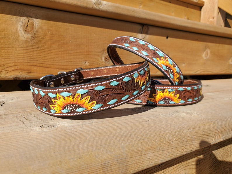 Leather Dog Collar, Turquoise Buckstitch Sunflower, Hand Painted Collar, Genuine Leather, Pet Collar, Handmade collar, Training Dog Collar image 4