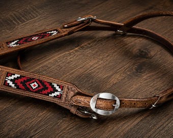 Apache Red- Beaded Browband Bridle - Western Headstall - Western Bridle- Leather Horse Tack - Ranch Hand Premium Leather Headstall