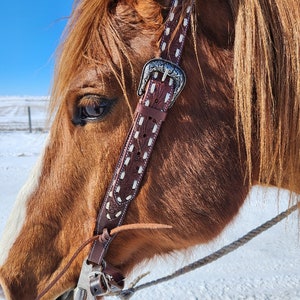 Belt Style White Buckstitch- Split Ear Headstall - Western Headstall- Bridle- Quarter Horse Tooled Leather Headstall - Ranch Hand Horse Tack